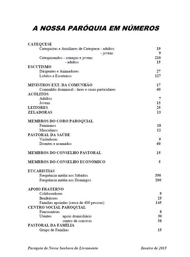 PARÓQUIA EM NÚMEROS janeiro 2015